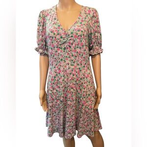 Boden Highland Green Boho Retro Floret Cluster V Neck Stretch Mini Jersey Dress